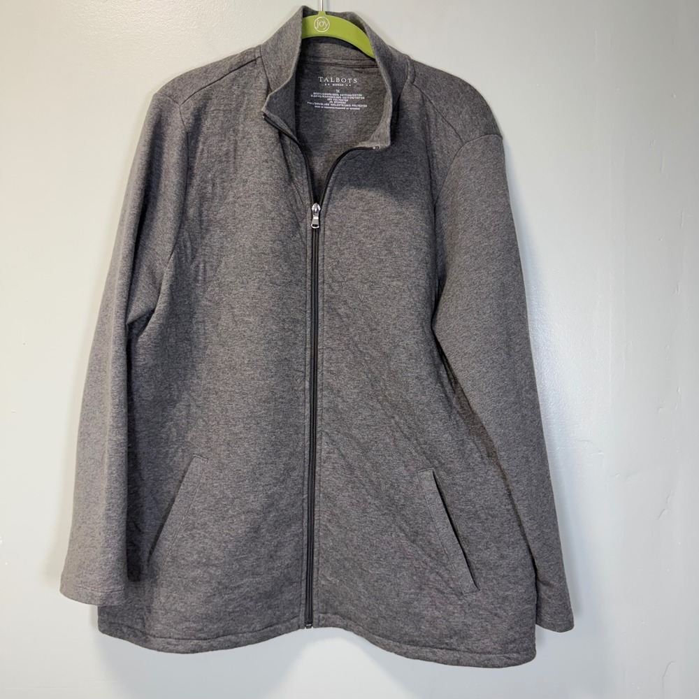 Talbots Woman Gray Full‎ Zip Mock Neck Jacket Cotton Blend Plus Size 1X